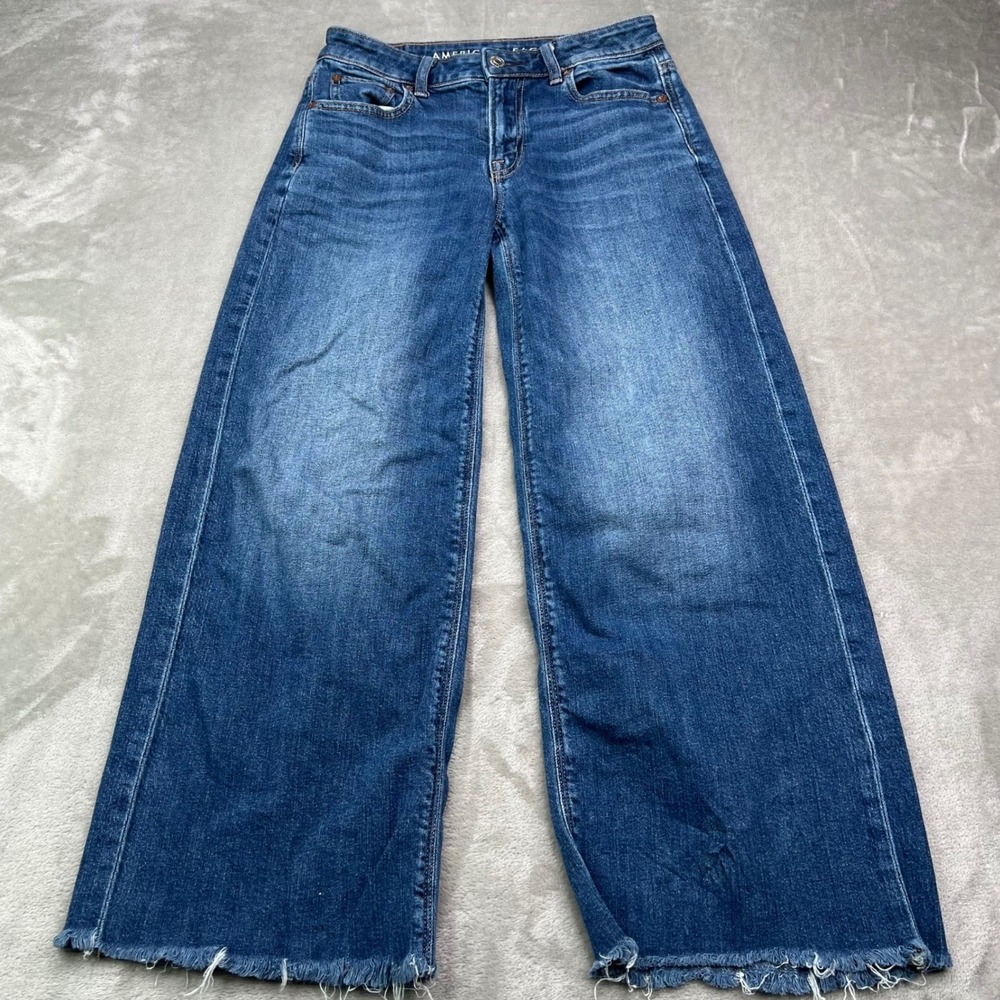 American Eagle Low-Rise Baggy Wide Leg Jeans Women 000 Short Blue Stretch Frayed